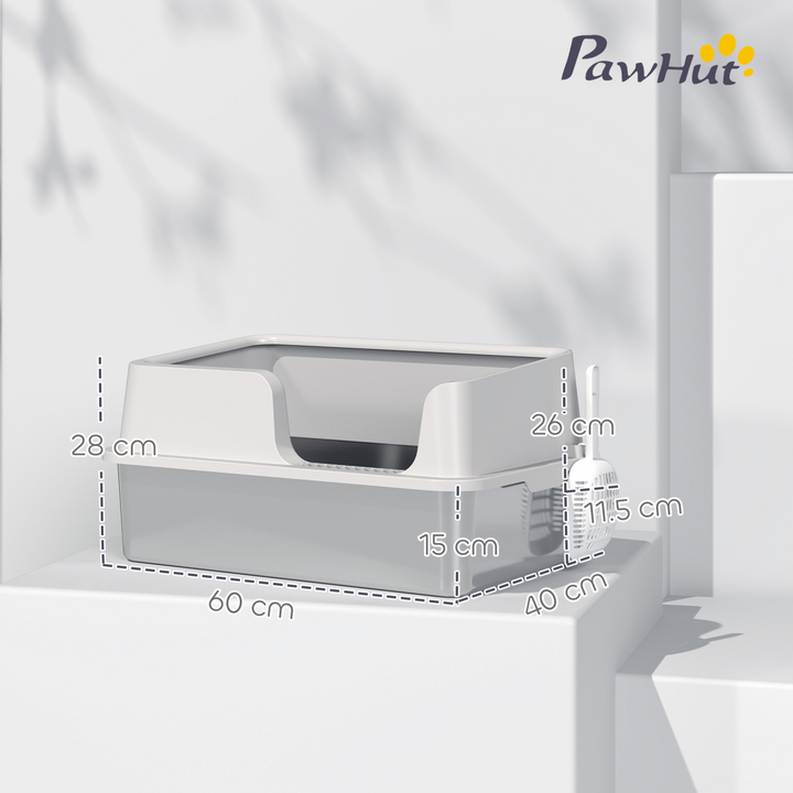 PawHut Stainless Steel Litter Box, High Sided Metal Cat Litter Tray w/ Scoop
