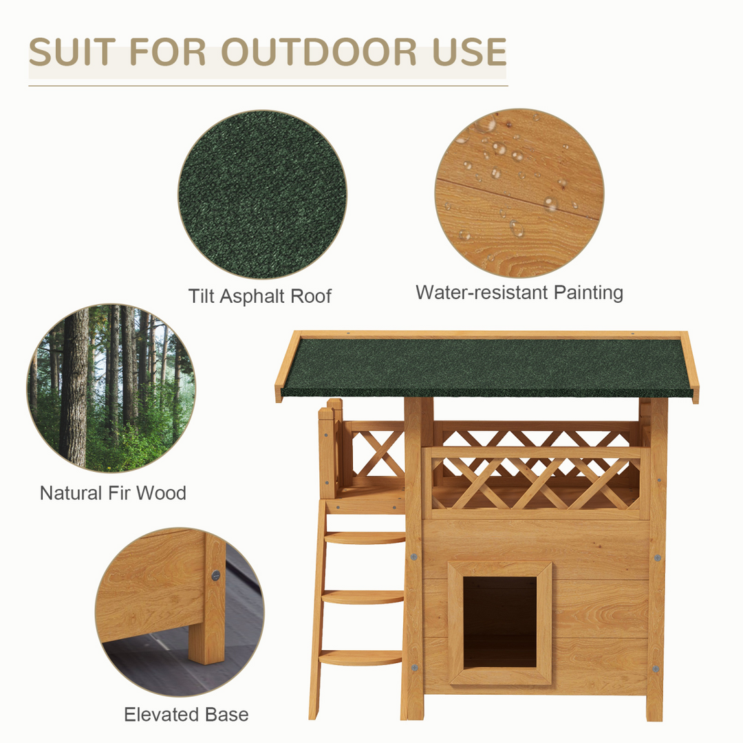 PawHut Cozy Outdoor Cat House with Balcony & Weatherproof Roof