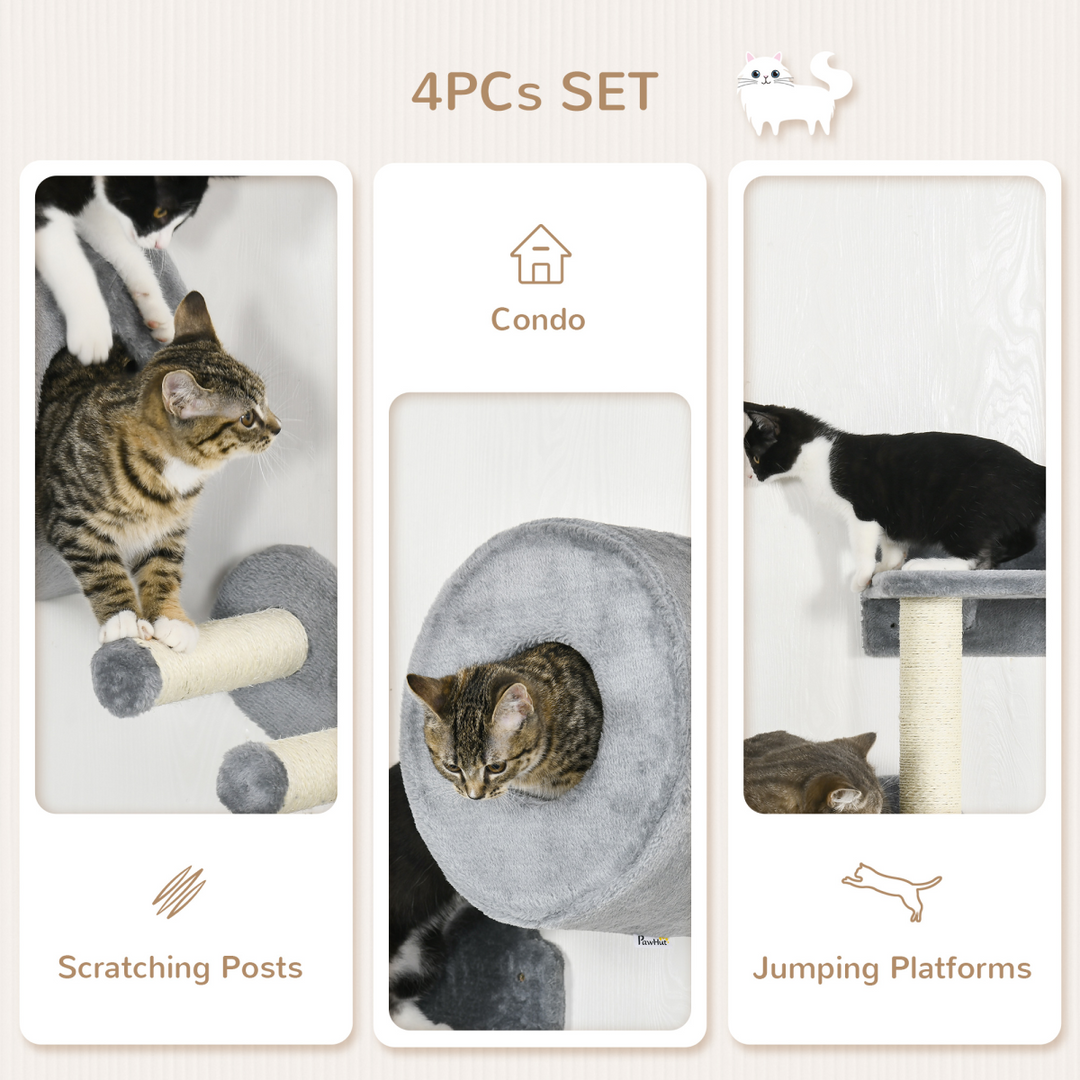 4-Piece Wall-Mounted Cat Tree with Tunnel, Perches & Scratching Posts – Space-Saving Cat Wall Furniture (Grey)