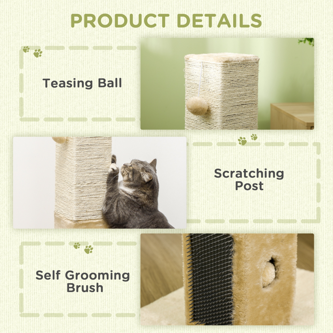 PawHut Premium Cat Scratching Post with Plush Base, Self-Grooming Brush & Hanging Toy – Beige Cat Climber Tower