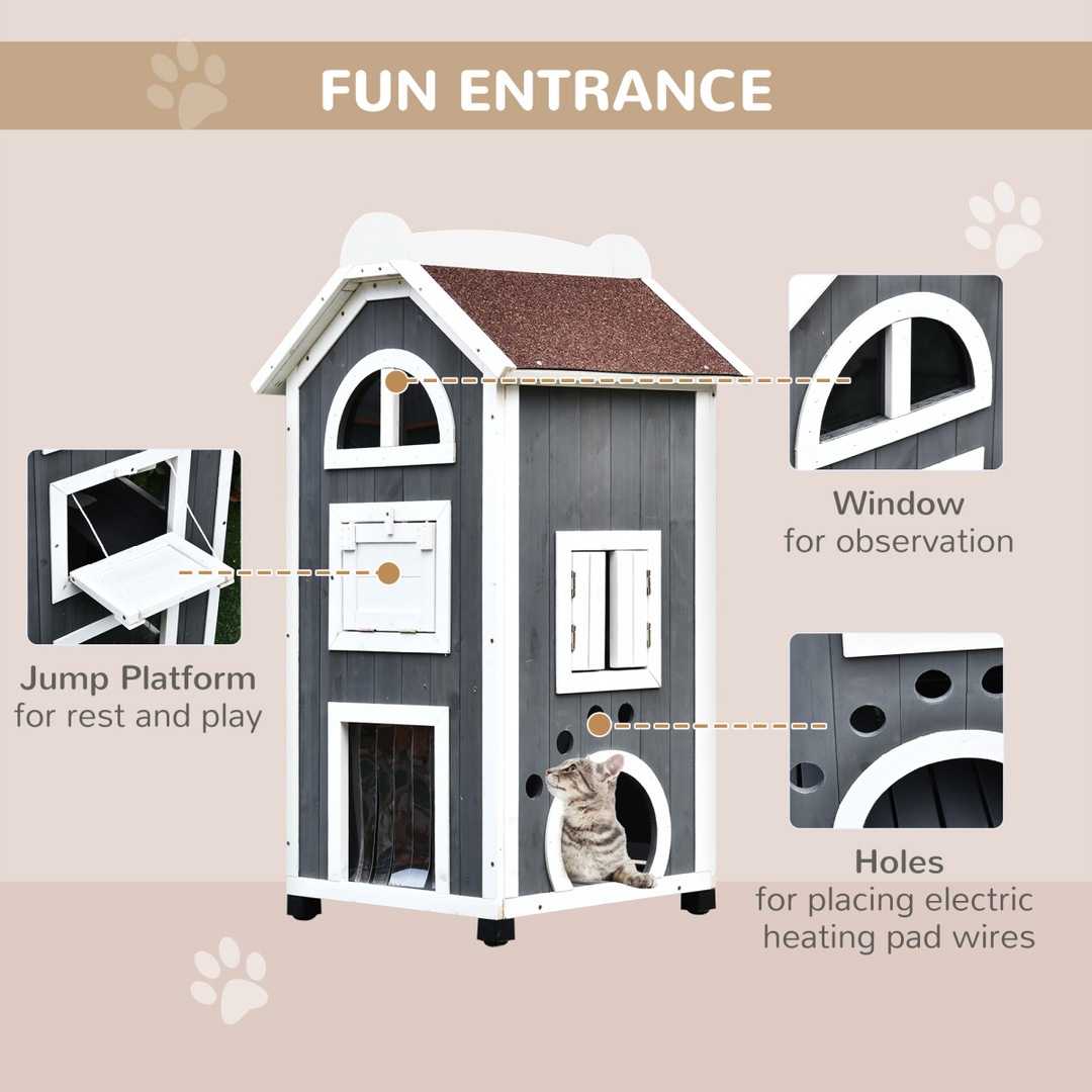 Solid Wood Cat Condo Furniture 2-Floor Pet Shelter, Grey and White, 109H cm