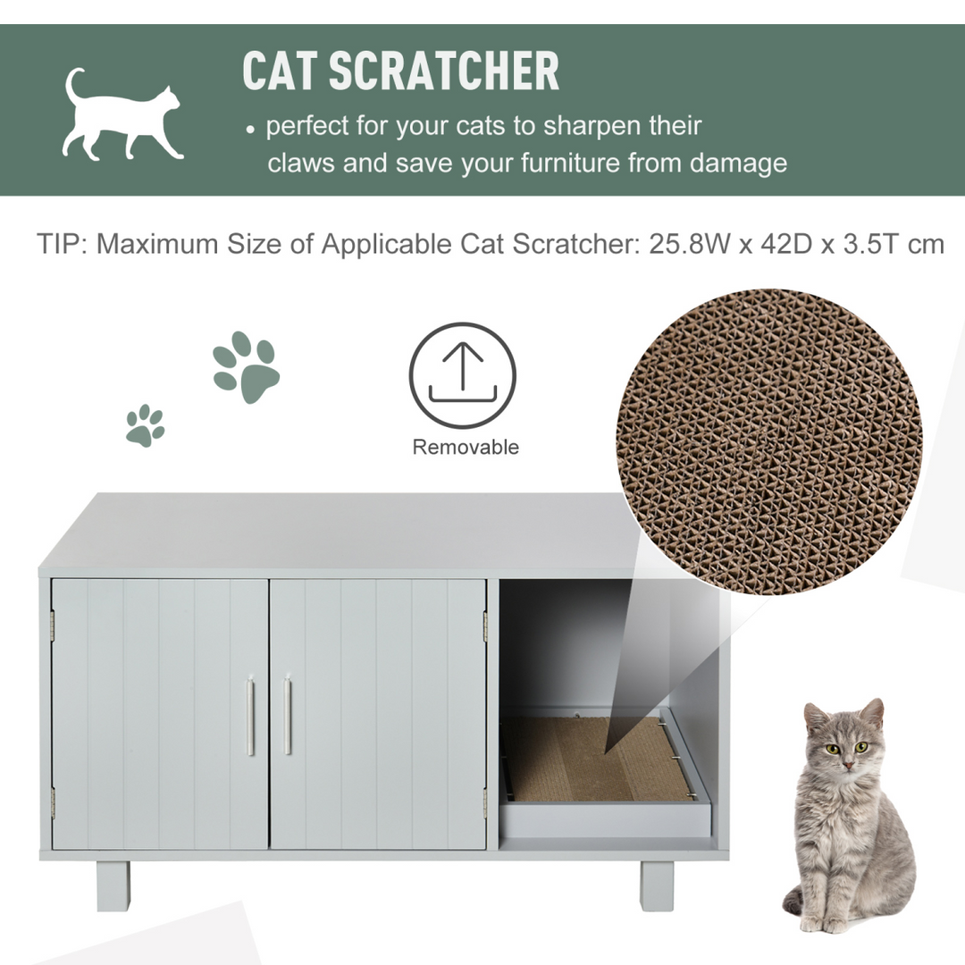 Elegant Cat Box Furniture with Scratch Post & Magnetic Doors - Grey Enclosure