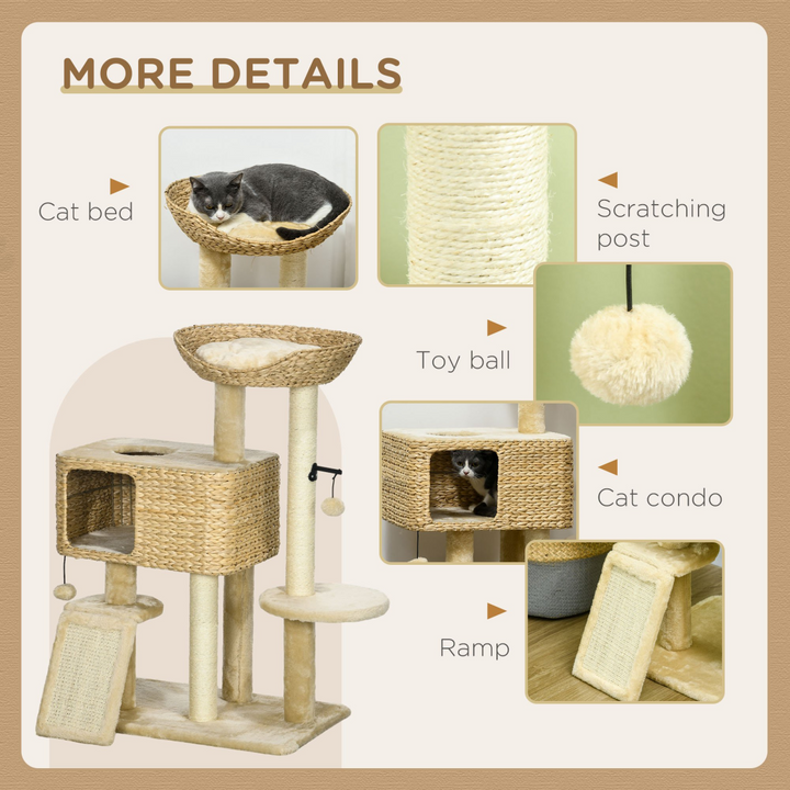 PawHut 95cm Cat Tree – Cozy Climbing Tower with Scratching Post & Play Ball (Beige)