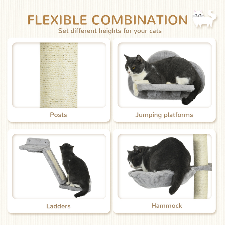 PawHut 4-Piece Grey Wall-Mounted Cat Furniture Set with Hammock, Ladder & Scratching Post