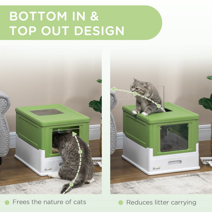 PawHut Deluxe Hooded Cat Litter Box with Top Exit, Removable Tray &amp; Scoop – Lime Green &amp; White.