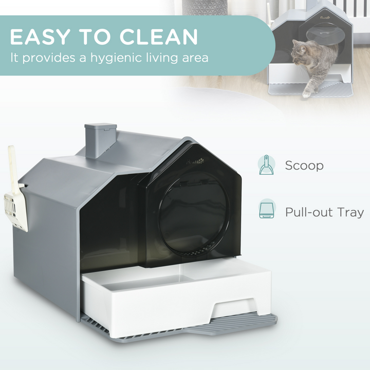 PawHut Hooded Cat Litter Tray with Scoop Drawer Pan, Handle, Deodorant