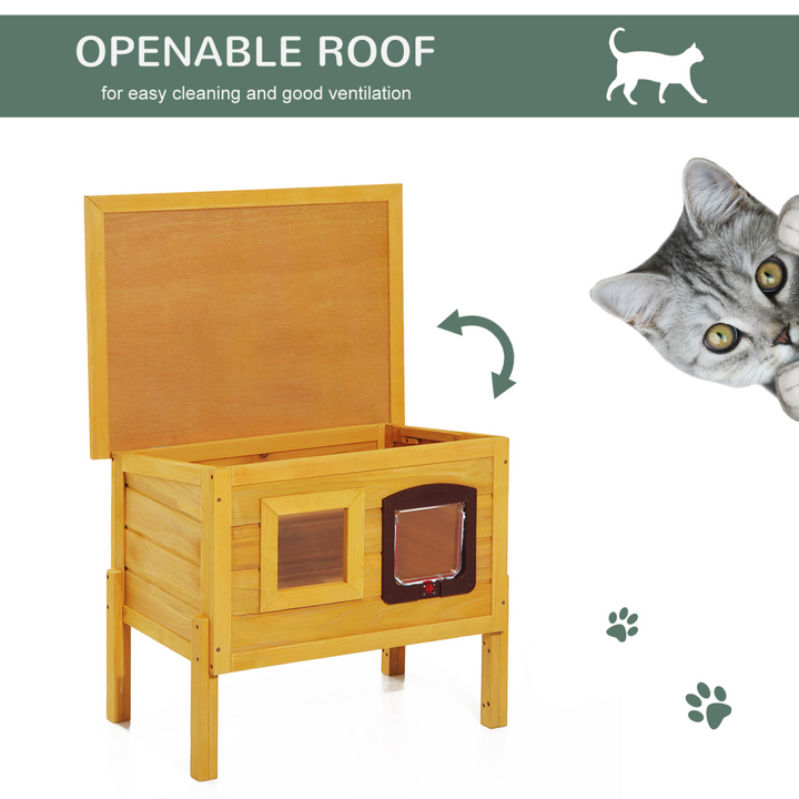 PawHut Wooden Outdoor Cat House with Openable Roof, Lockable Door & Window – 70 × 51.5 × 60cm