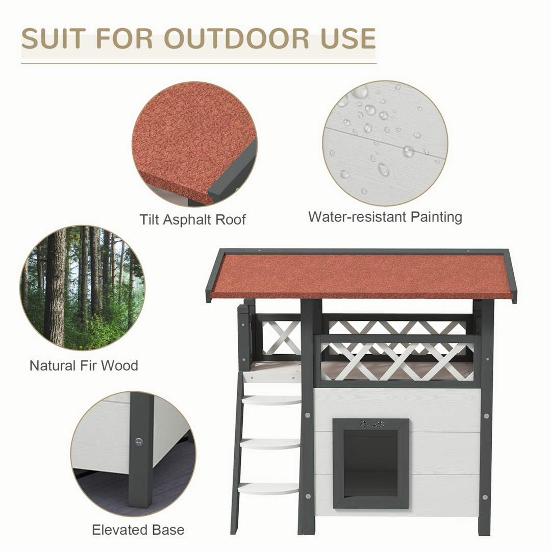 PawHut Outdoor Cat House with Balcony, Stairs & Weatherproof Roof – White