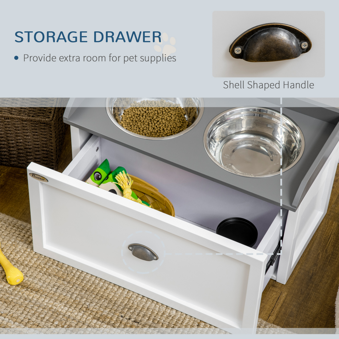 PawHut Elevated Dog Bowls with 21L Storage Drawer &amp; 2 Stainless Steel Bowls – White &amp; Grey (60cm)