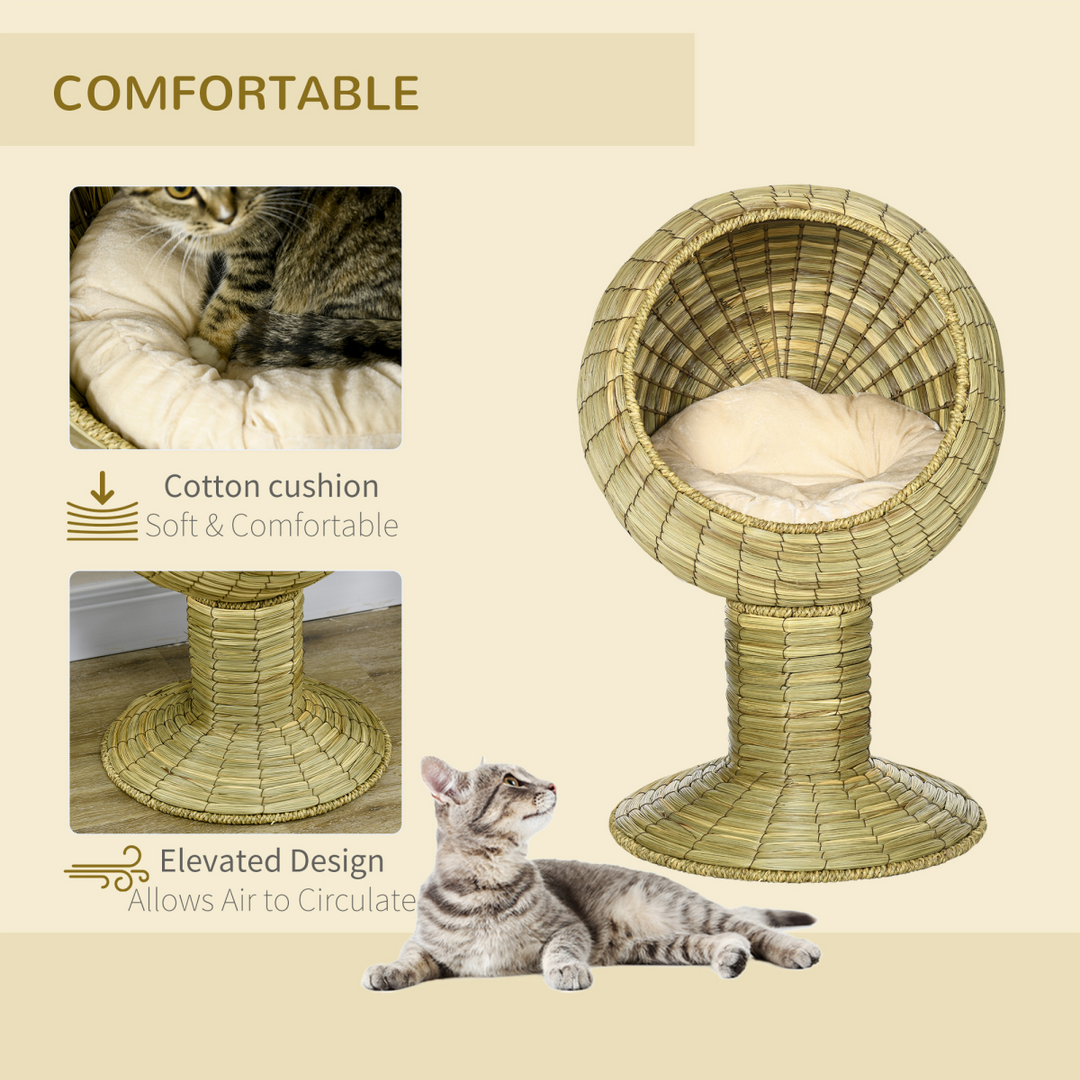 PawHut Raised Cat House with Cushion – Wicker Elevated Cat Bed with Detachable Nest