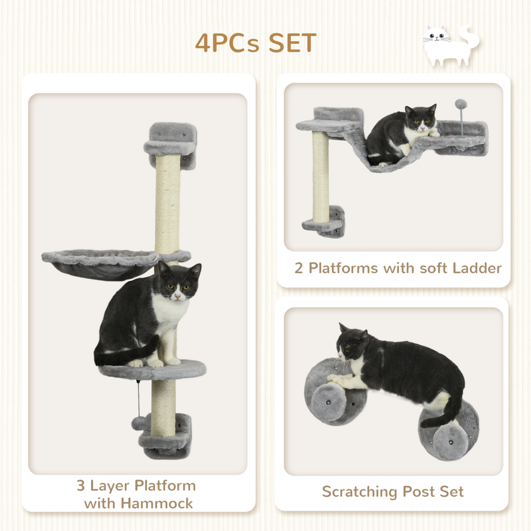 PawHut Wall-Mounted Cat Tree – 4-Piece Grey Cat Furniture Set with Hammock, Ladder & Scratching Post