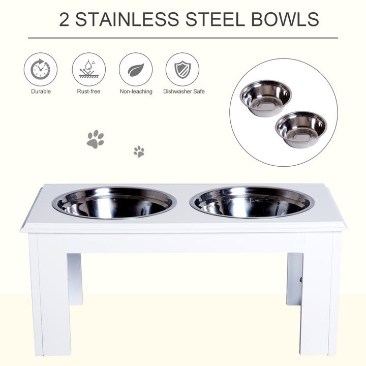 PawHut Raised Pet Feeder with Elevated Stand & 2 Stainless Steel Bowls – White (58.4cm)