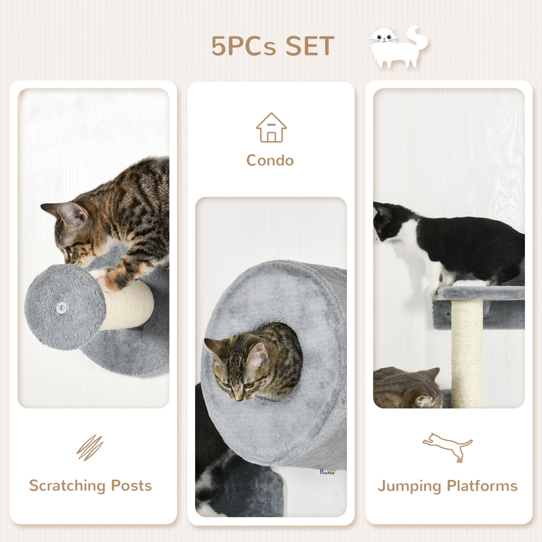5-Piece Wall-Mounted Cat Tree with Tunnel, Perches & Scratching Posts – Modern Cat Wall Furniture (Grey)