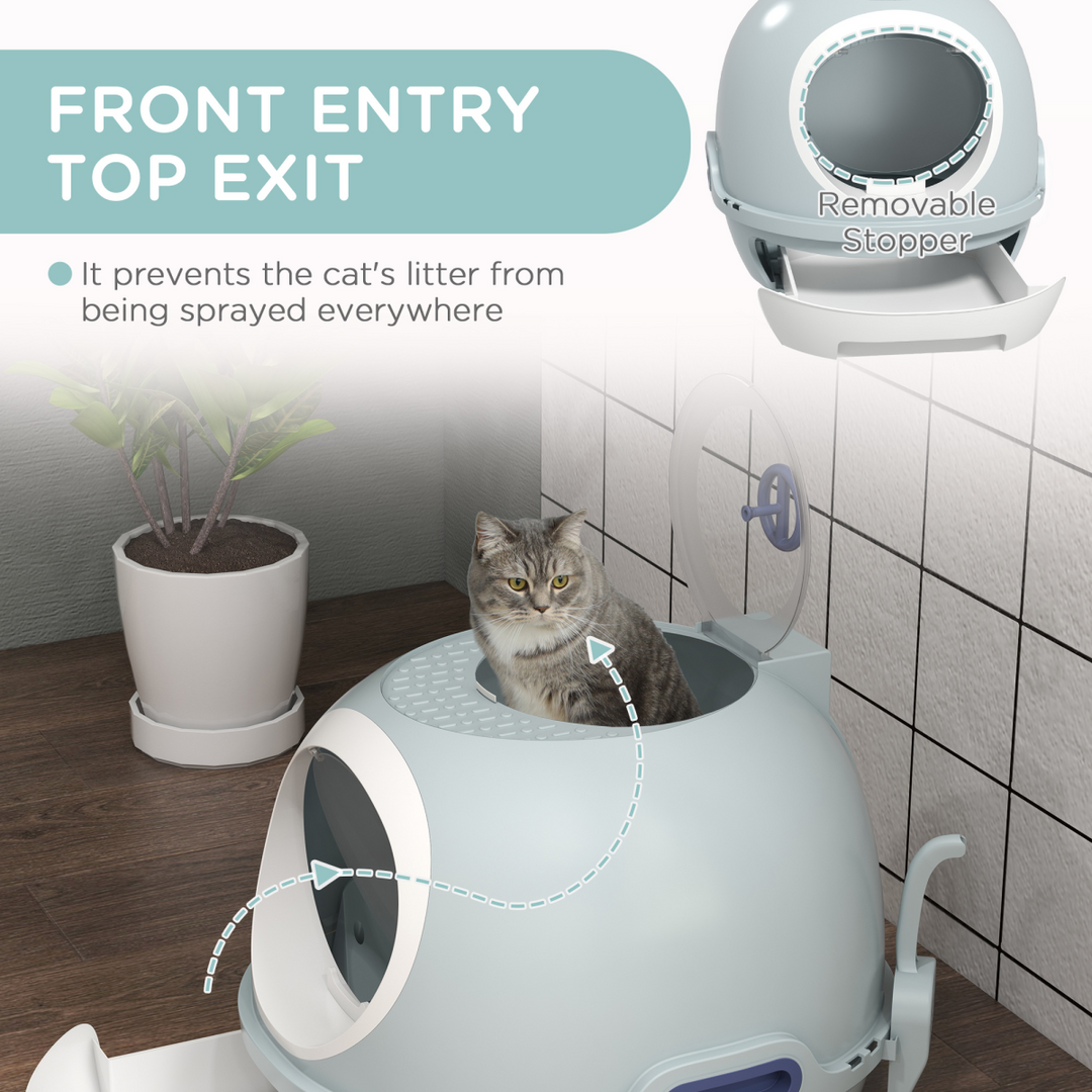 PawHut Space Capsule Cat Litter Box with Scoop, Front Entry & Top Exit – Blue (47 × 55 × 44cm)
