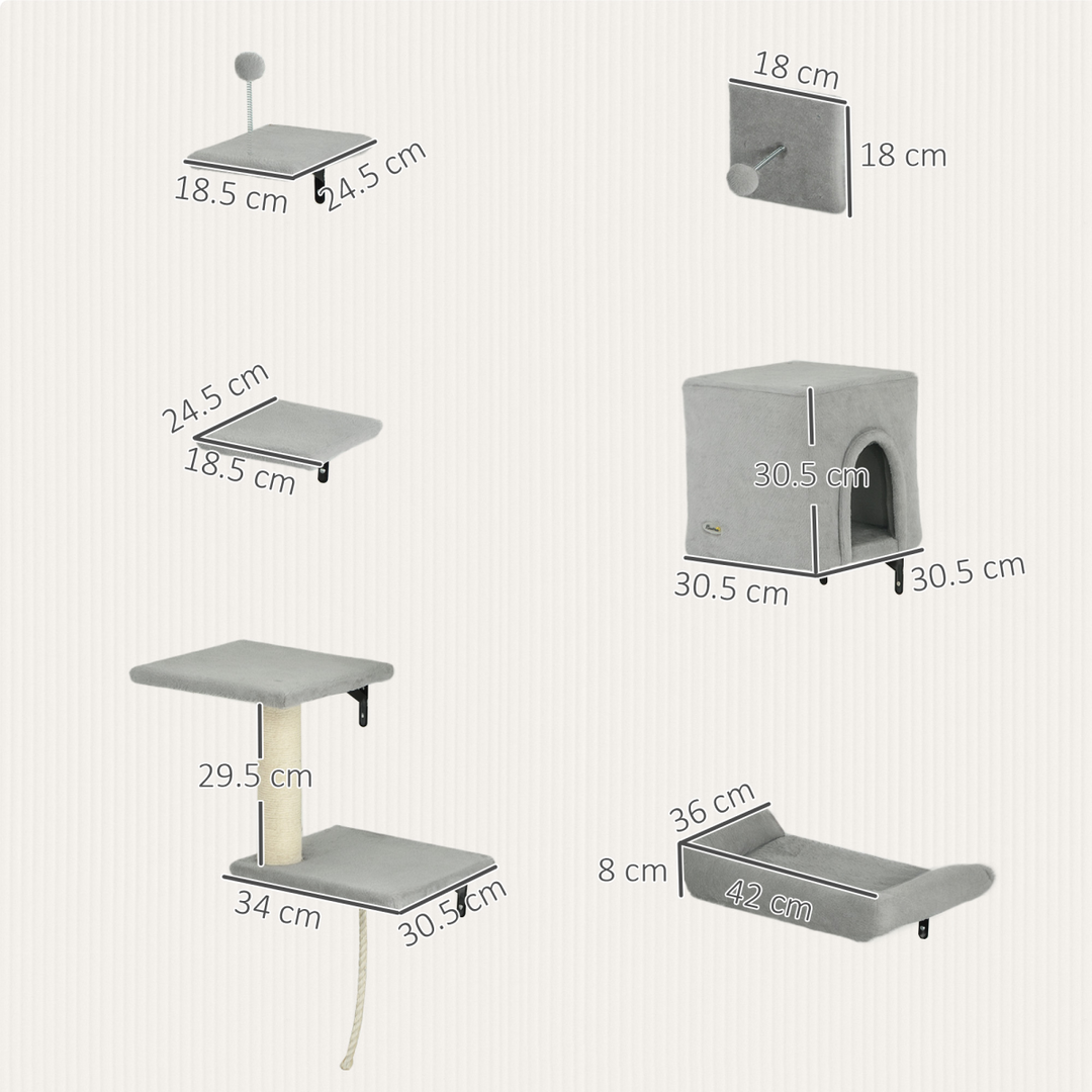 PawHut 6-Piece Cat Wall Shelves Set, Cat Wall Furniture with Condo, Grey
