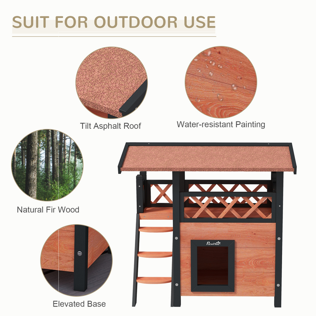 PawHut Outdoor Cat House with Balcony, Stairs & Weatherproof Roof – Brown
