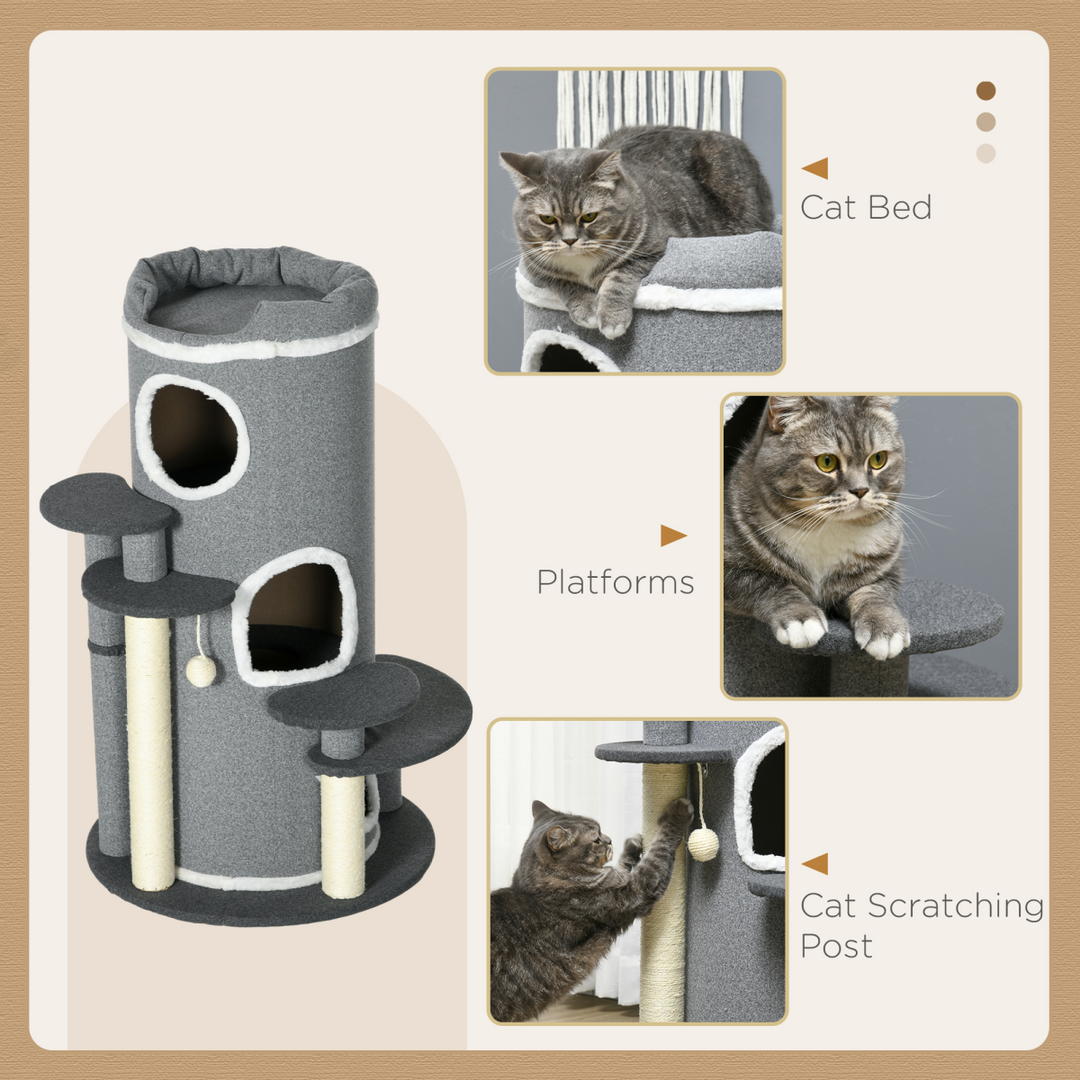 PawHut Cozy Barrel Cat Tree: Stylish Scratching Post & Plush Lookout - Grey