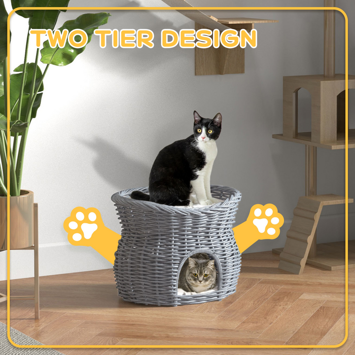 PawHut 2-Tier Cat Tree: Cozy Wicker Condo for Playful & Timid Cats