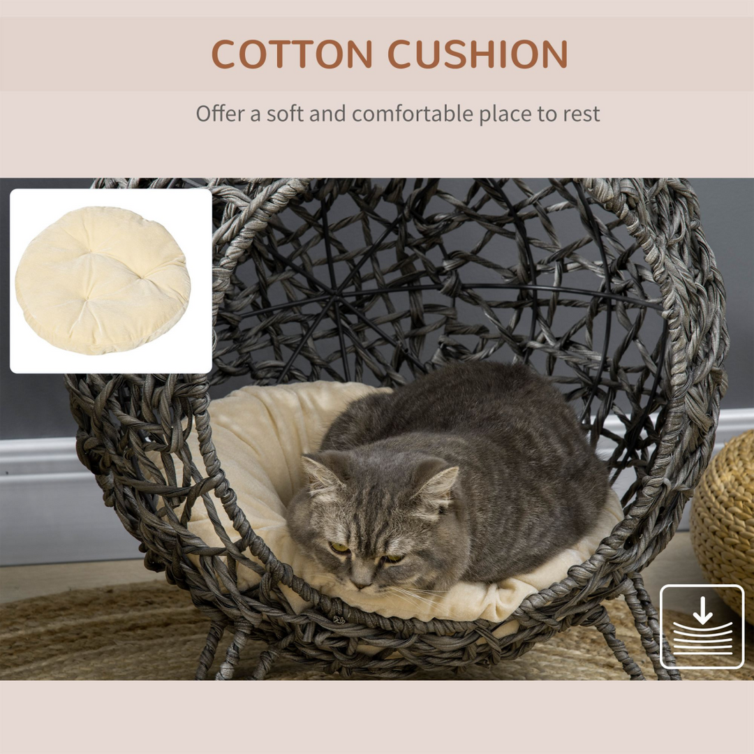 PawHut Rattan Elevated Cat House with Cushion – Silver-Tone & Grey (Ø52cm)