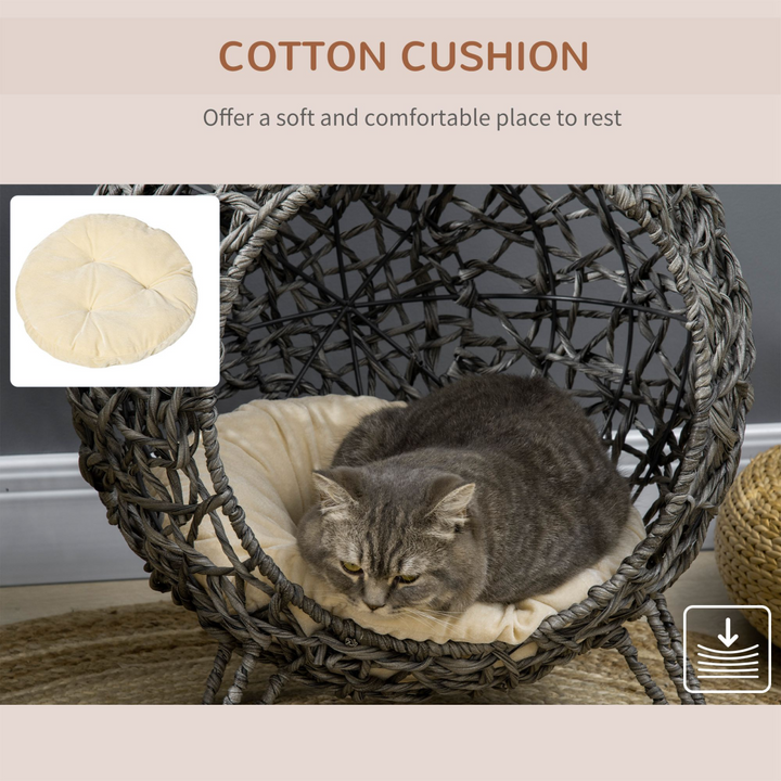 PawHut Rattan Elevated Cat House with Cushion – Silver-Tone & Grey (Ø52cm)