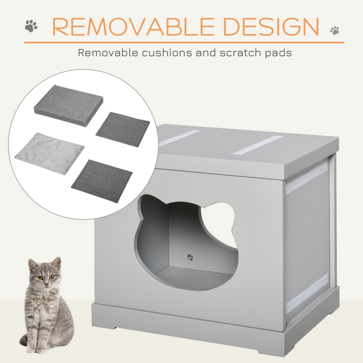 PawHut Cat House Bed with Cushion & Sisal Scratching Pads – Grey Indoor Cat Cube
