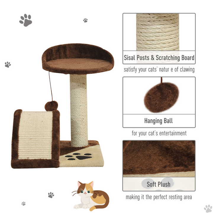 PawHut Cozy Cat Tree with Sisal Scratching Posts – Brown Multi-Level Cat Tower with Curved Board & Teasing Ball