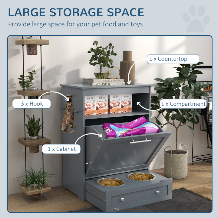 PawHut Pet Feeder Station with Storage Cabinet, Open Compartment, Side Hooks &amp; 2 Bowls – Grey (82cm