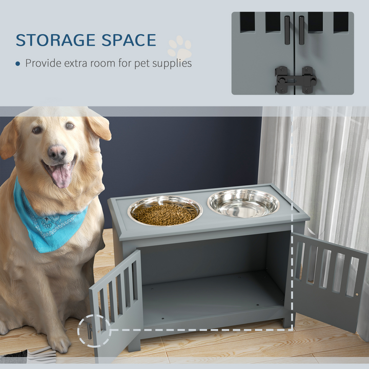 PawHu Raised Dog Bowls Feeding Station with Storage Cabinet &amp; 2 Stainless Steel Bowls – Grey