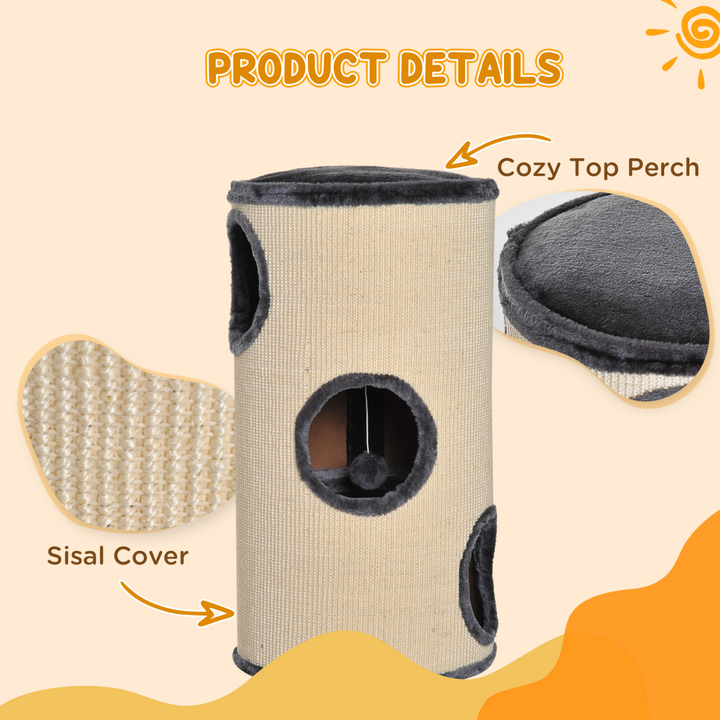 PawHut Cat Scratching Barrel with Sisal &amp; Observation Deck – 3 Dens Activity Centre
