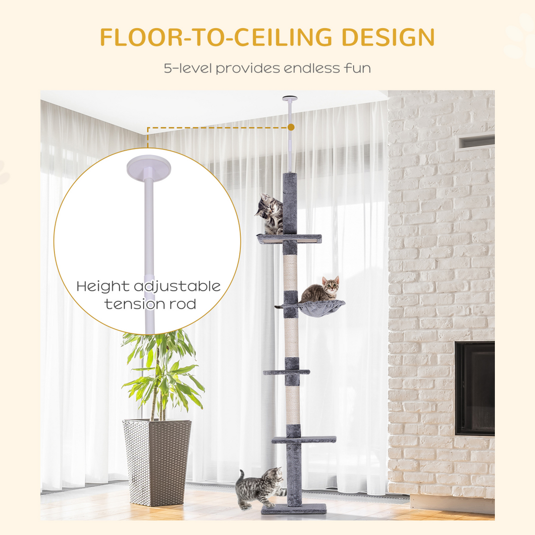 5-Tier Adjustable Cat Tree Tower - Floor to Ceiling Scratching Haven by PawHut!