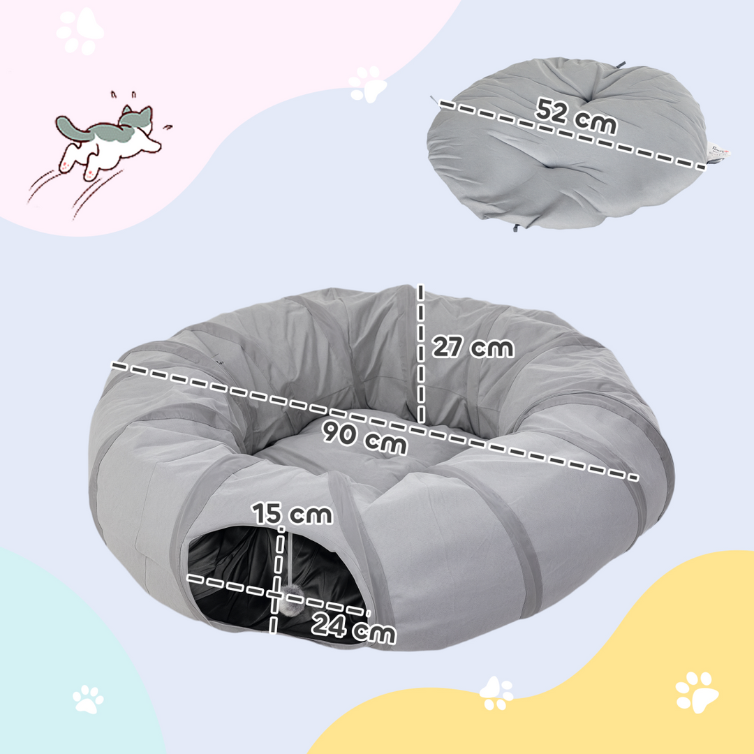 PawHut 2-in-1 Cat Tunnel Bed – Grey Play Tunnel with Washable Cushion