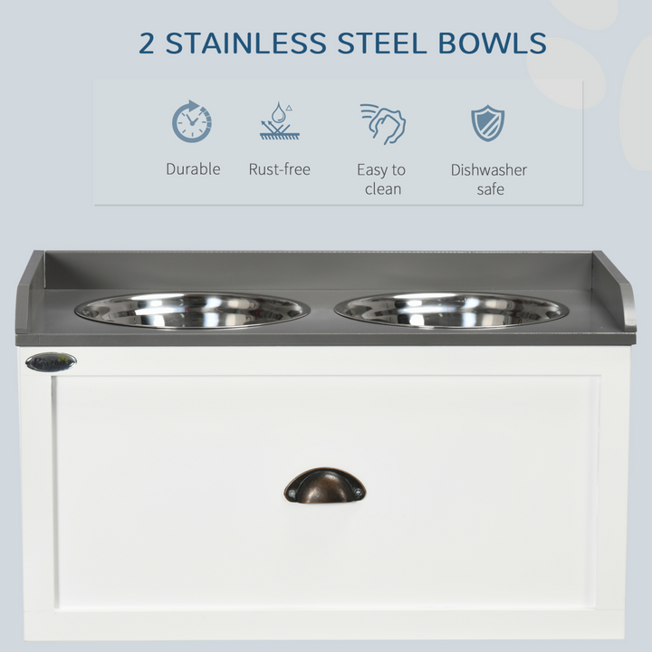 PawHut Elevated Dog Bowls with 21L Storage Drawer &amp; 2 Stainless Steel Bowls – White &amp; Grey (60cm)