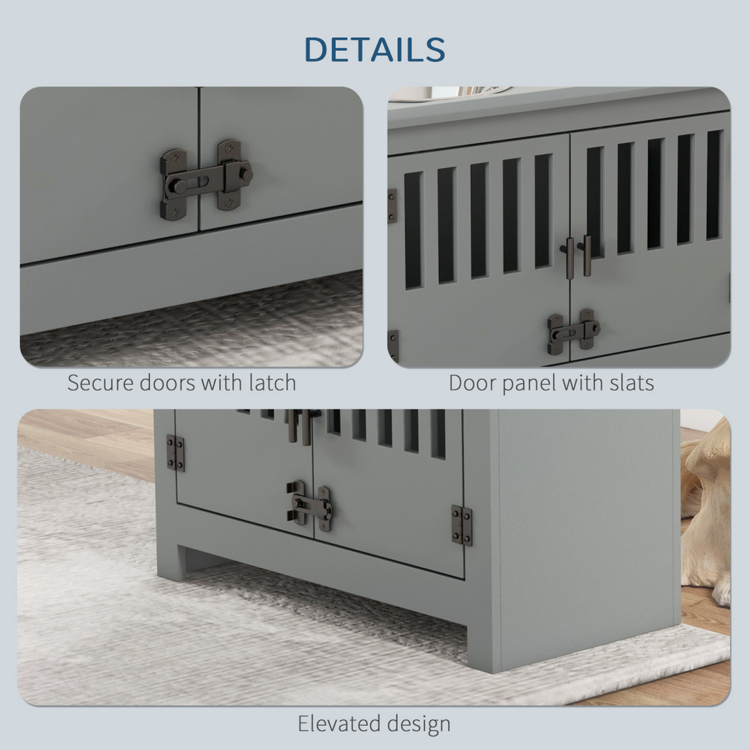 PawHu Raised Dog Bowls Feeding Station with Storage Cabinet &amp; 2 Stainless Steel Bowls – Grey