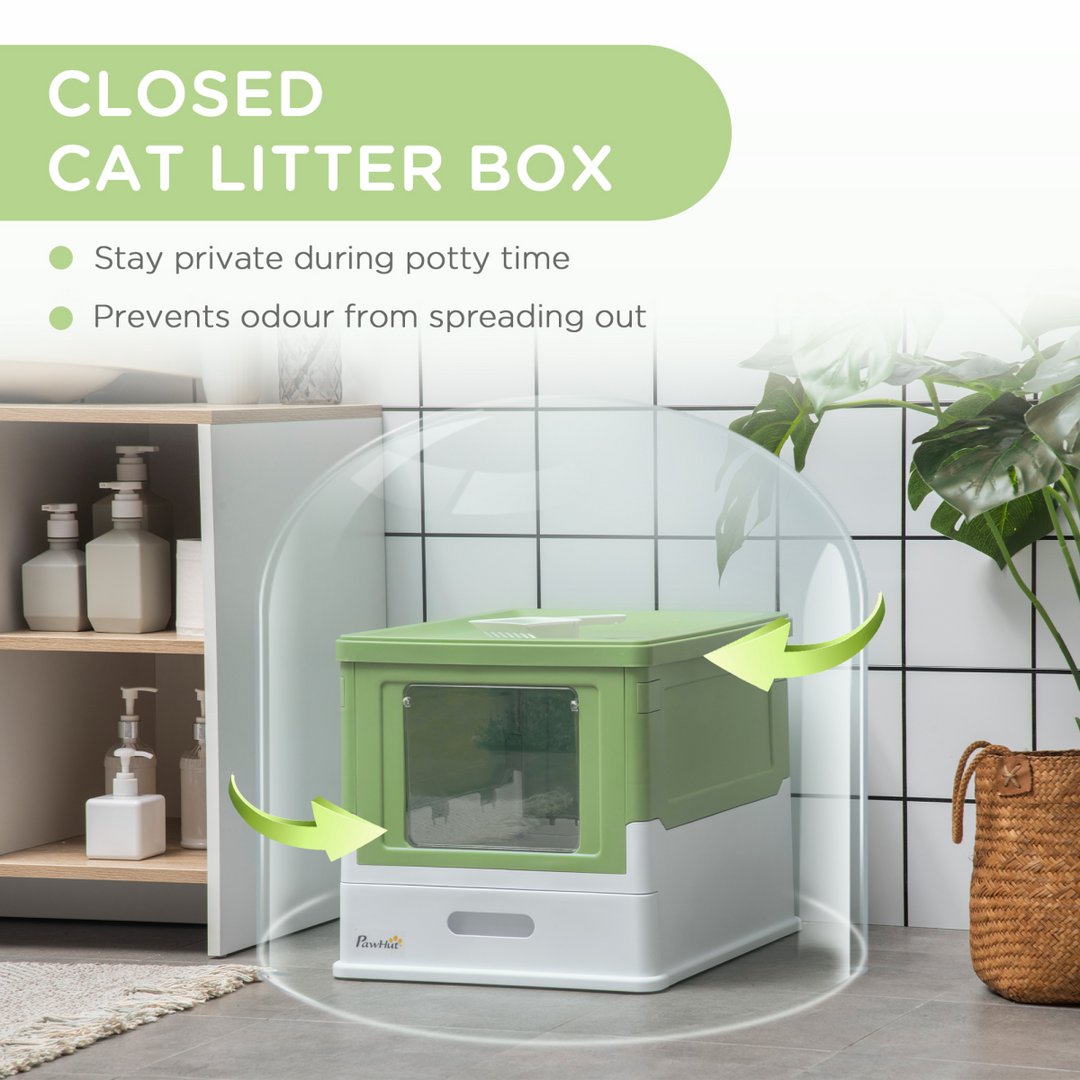 PawHut Deluxe Hooded Cat Litter Box with Top Exit, Removable Tray &amp; Scoop – Lime Green &amp; White.