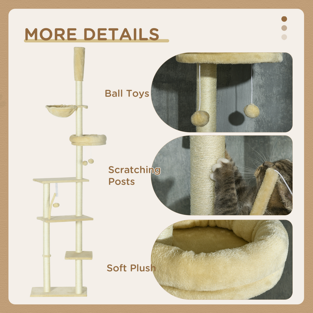 Spacious 6-Tier Cat Tree with Scratching Post & Hammock - Beige