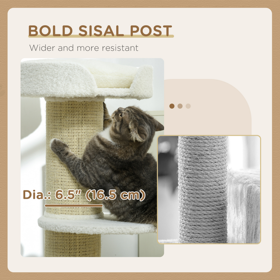PawHut 2 Tier Cat Resting Tree with Top Basket Cushion Sisal Post Cream White