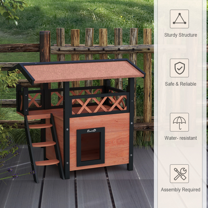 PawHut Outdoor Cat House with Balcony, Stairs & Weatherproof Roof – Brown
