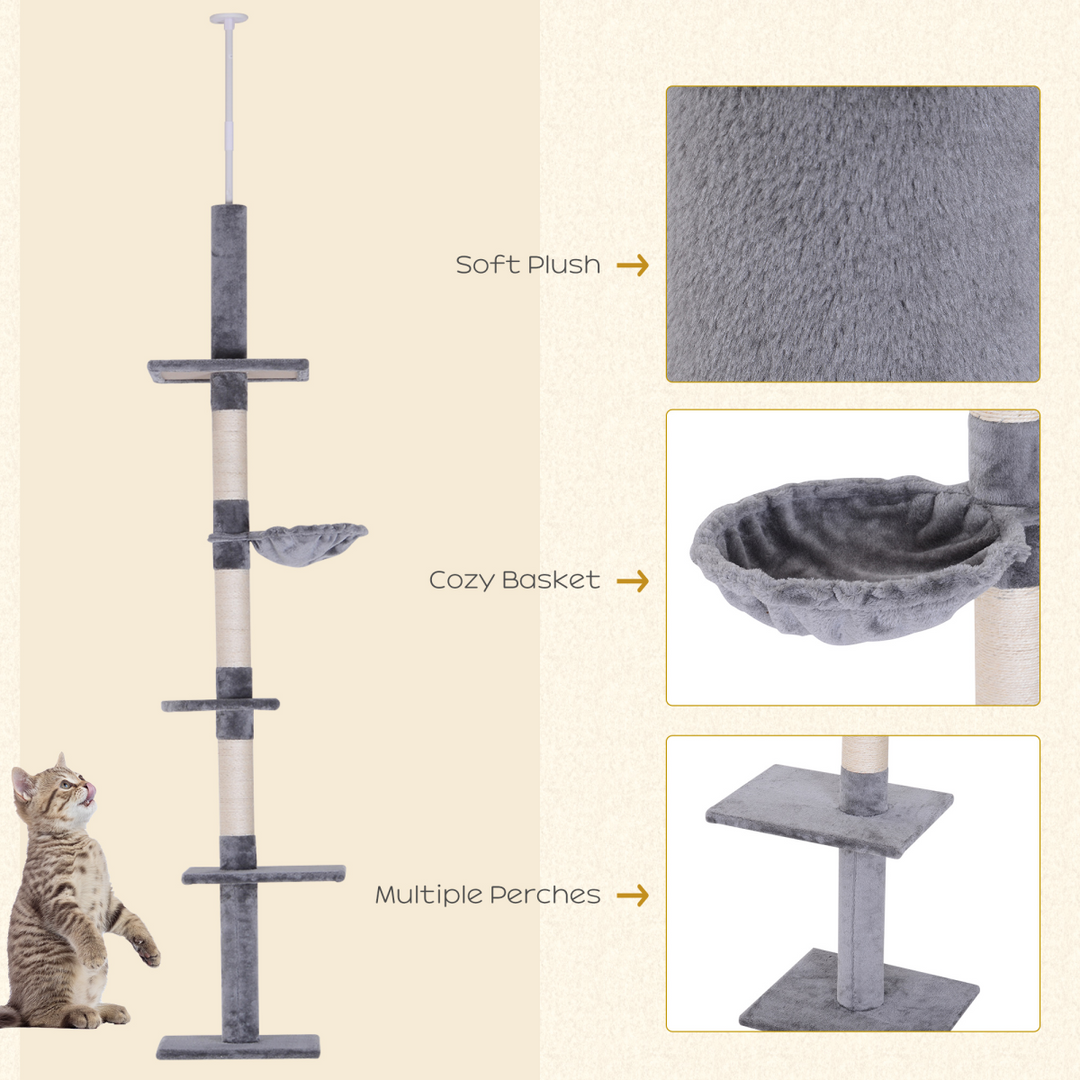 5-Tier Adjustable Cat Tree Tower - Floor to Ceiling Scratching Haven by PawHut!