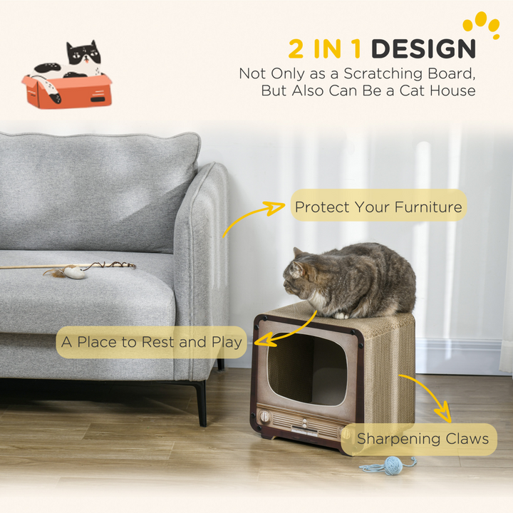 Vintage TV Cat Scratching Board with Catnip - Fun & Cozy Playhouse for Cats
