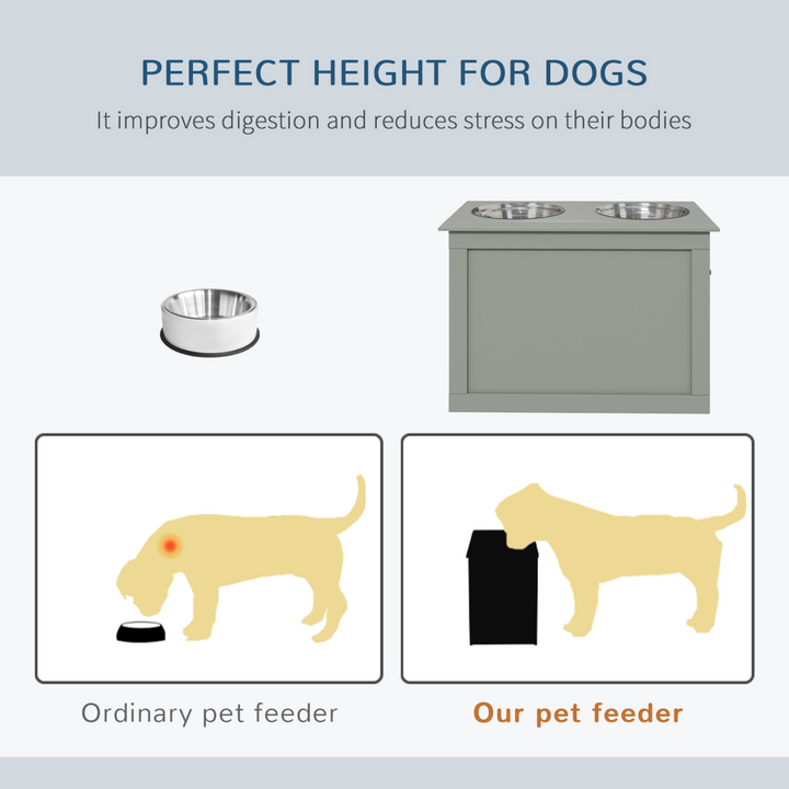 PawHut Elevated Dog Bowl Set with Storage – Grey Double Feeding Station for Large Dogs