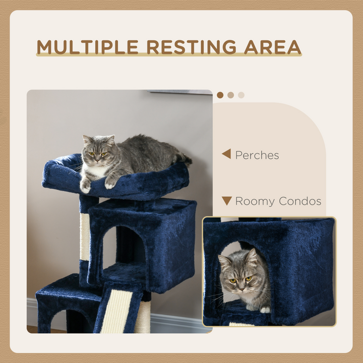 Navy Blue Luxury Cat Tree with 2 Houses & Scratching Posts – Perfect Play & Rest!