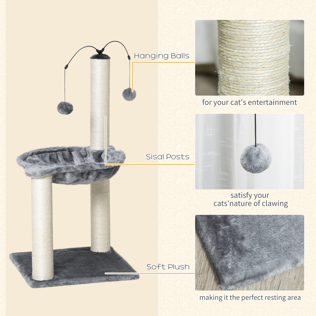 Stylish Cat Tree Tower with Scratching Post, Hammock & Toy Balls - Grey