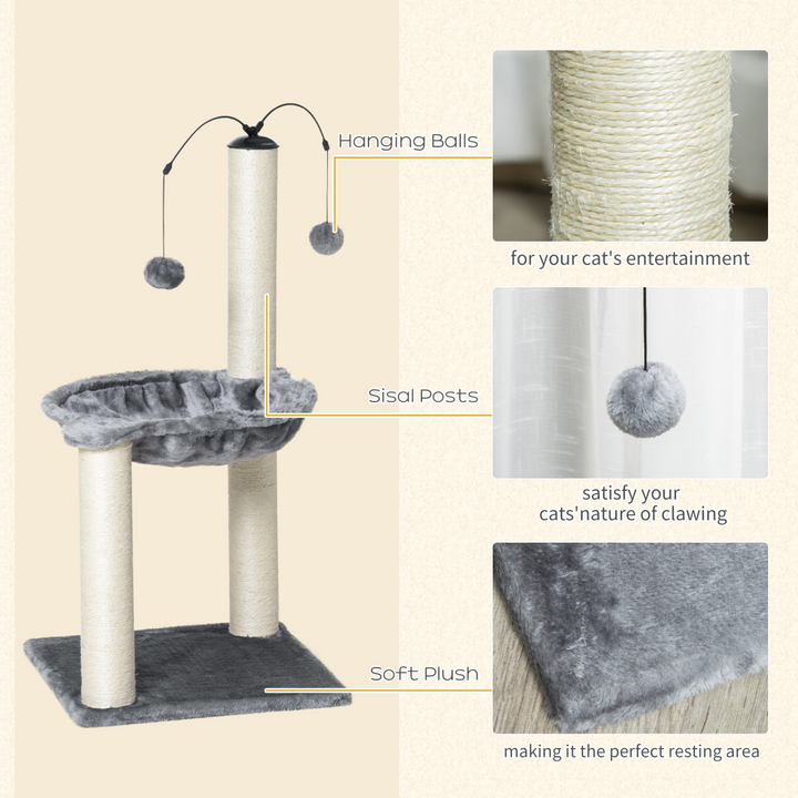 Stylish Cat Tree Tower with Scratching Post, Hammock & Toy Balls - Grey