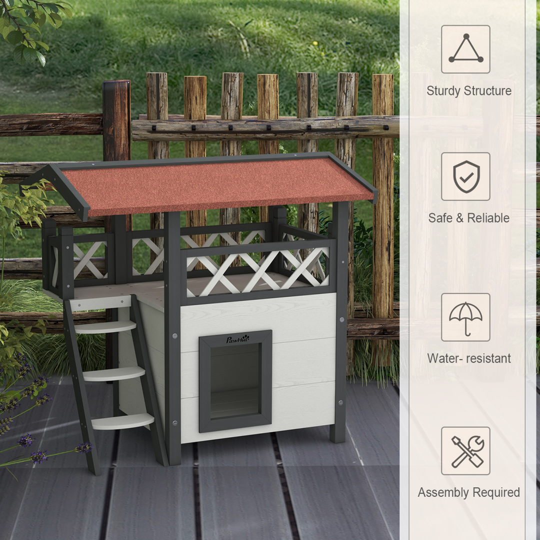 PawHut Outdoor Cat House with Balcony, Stairs & Weatherproof Roof – White