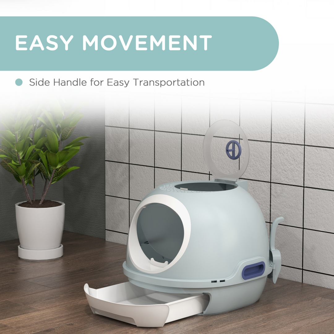 PawHut Space Capsule Cat Litter Box with Scoop, Front Entry & Top Exit – Blue (47 × 55 × 44cm)