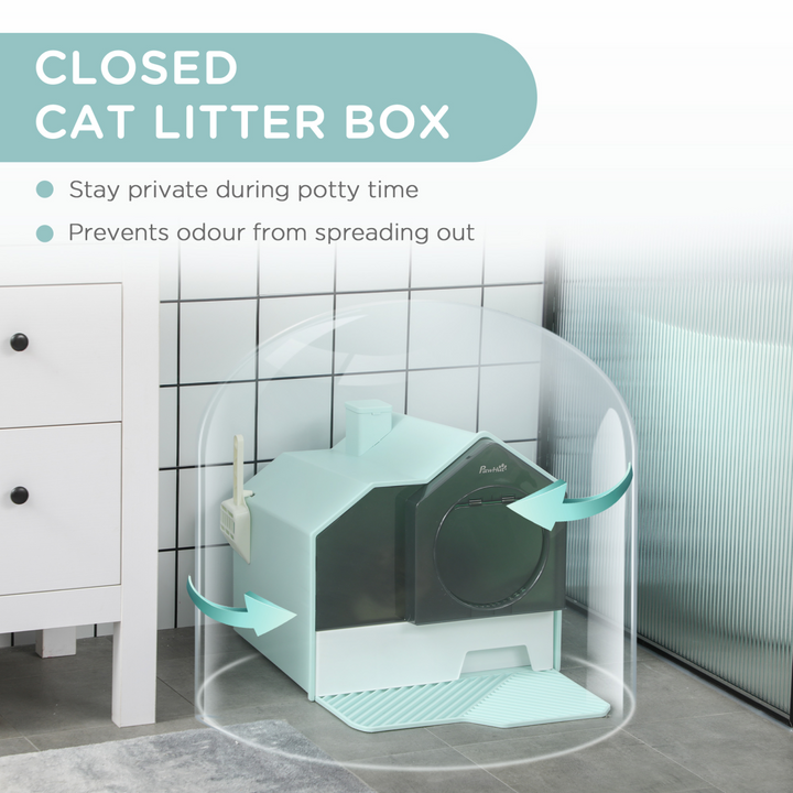 Ultimate Privacy Cat Litter Box with Scoop & Deodorizer – Light Blue