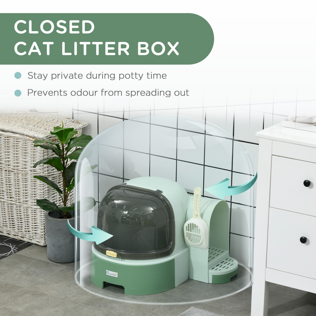 PawHut Chic 2-in-1 Cat Litter Tray with Pull-Out Drawers & Scoop - Green