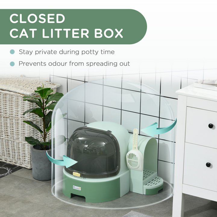 PawHut Chic 2-in-1 Cat Litter Tray with Pull-Out Drawers & Scoop - Green