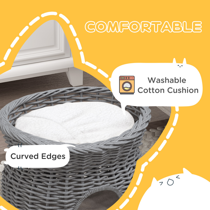 PawHut 2-Tier Elevated Pet Cushion Bed Basket Willow Cat Tree House Condo Kennel