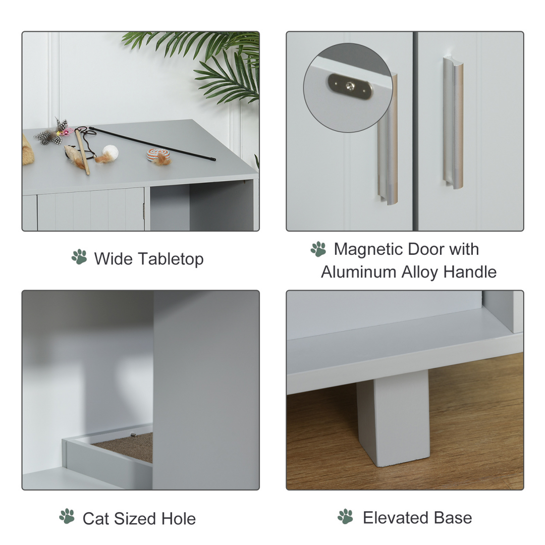 Elegant Cat Box Furniture with Scratch Post & Magnetic Doors - Grey Enclosure